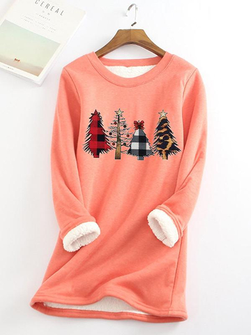 Christmas Tree Printed Sherpa Lined Fleece Pullover Sweatshirt