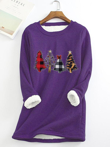 Christmas Tree Printed Sherpa Lined Fleece Pullover Sweatshirt