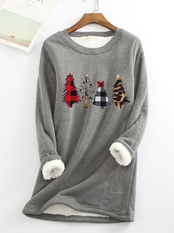 Christmas Tree Printed Sherpa Lined Fleece Pullover Sweatshirt