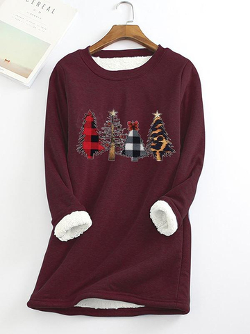 Christmas Tree Printed Sherpa Lined Fleece Pullover Sweatshirt