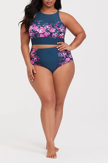 DARK BLUE FLORAL HIGH NECK BIKINI SET