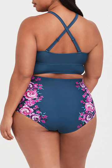 DARK BLUE FLORAL HIGH NECK BIKINI SET