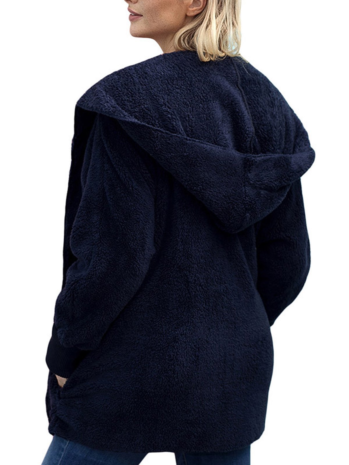 Multicolor Hoodie Solid Wool Pocket Loose Women Coat