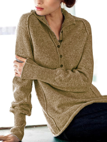 Casual V Neck Solid Long Sleeve Buttoned Sweater