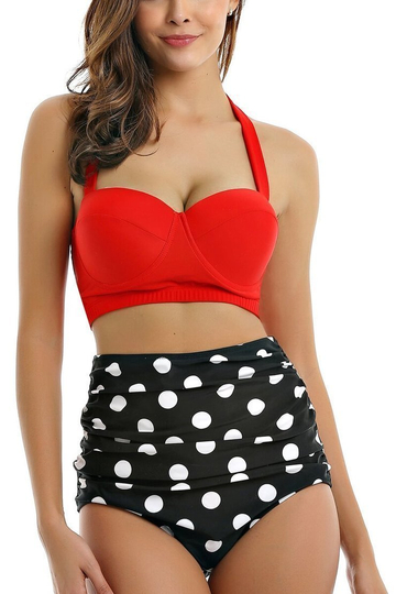 Black and white polka dot backless high waist bikini