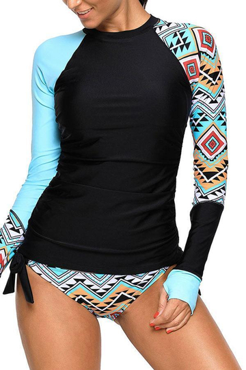 Side Tie Printed Surfing Round Neck Tankini Set