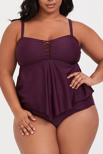 PLUM LATTICE WIRELESS TANKINI SET