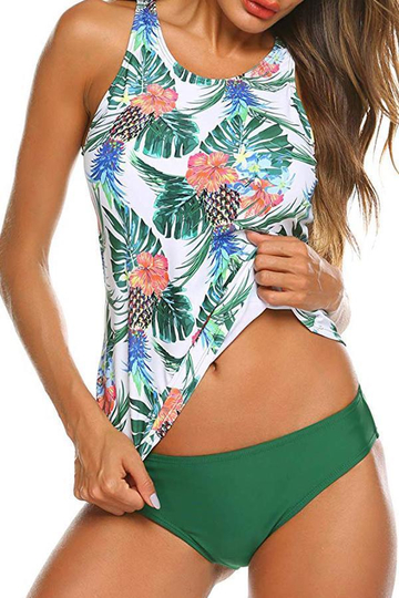 Leaf Print Scoop Neck Tankini Set Padded Bra