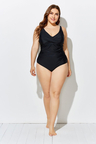 BLACK RUCHED V-NECK ONE PIECE SWIMSUIT