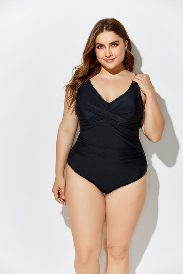 BLACK RUCHED V-NECK ONE PIECE SWIMSUIT