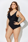 BLACK RUCHED V-NECK ONE PIECE SWIMSUIT