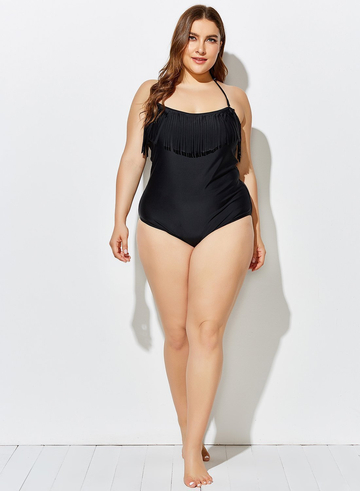 Black Fringe Bandeau One Piece Swimsuit