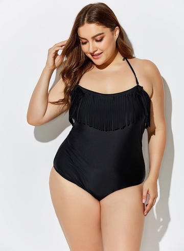 BLACK FRINGE BANDEAU ONE PIECE SWIMSUIT