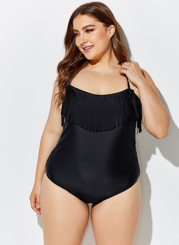 BLACK FRINGE BANDEAU ONE PIECE SWIMSUIT