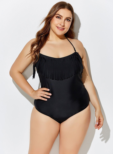 Black Fringe Bandeau One Piece Swimsuit