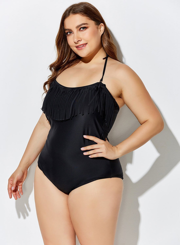 BLACK FRINGE BANDEAU ONE PIECE SWIMSUIT