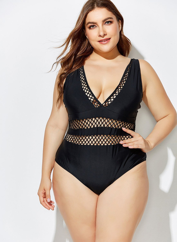 BLACK LATTICE PLUNGE ONE PIECE SWIMSUIT