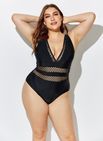 Black Lattice Plunge One Piece Swimsuit