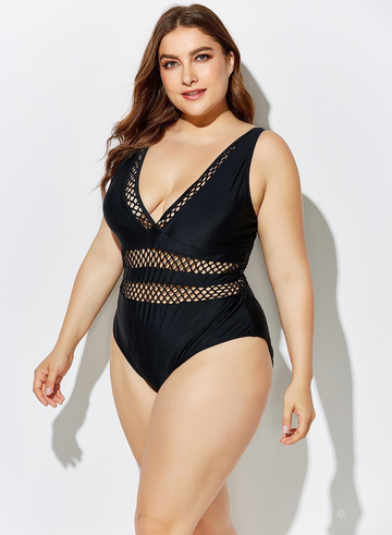 BLACK LATTICE PLUNGE ONE PIECE SWIMSUIT