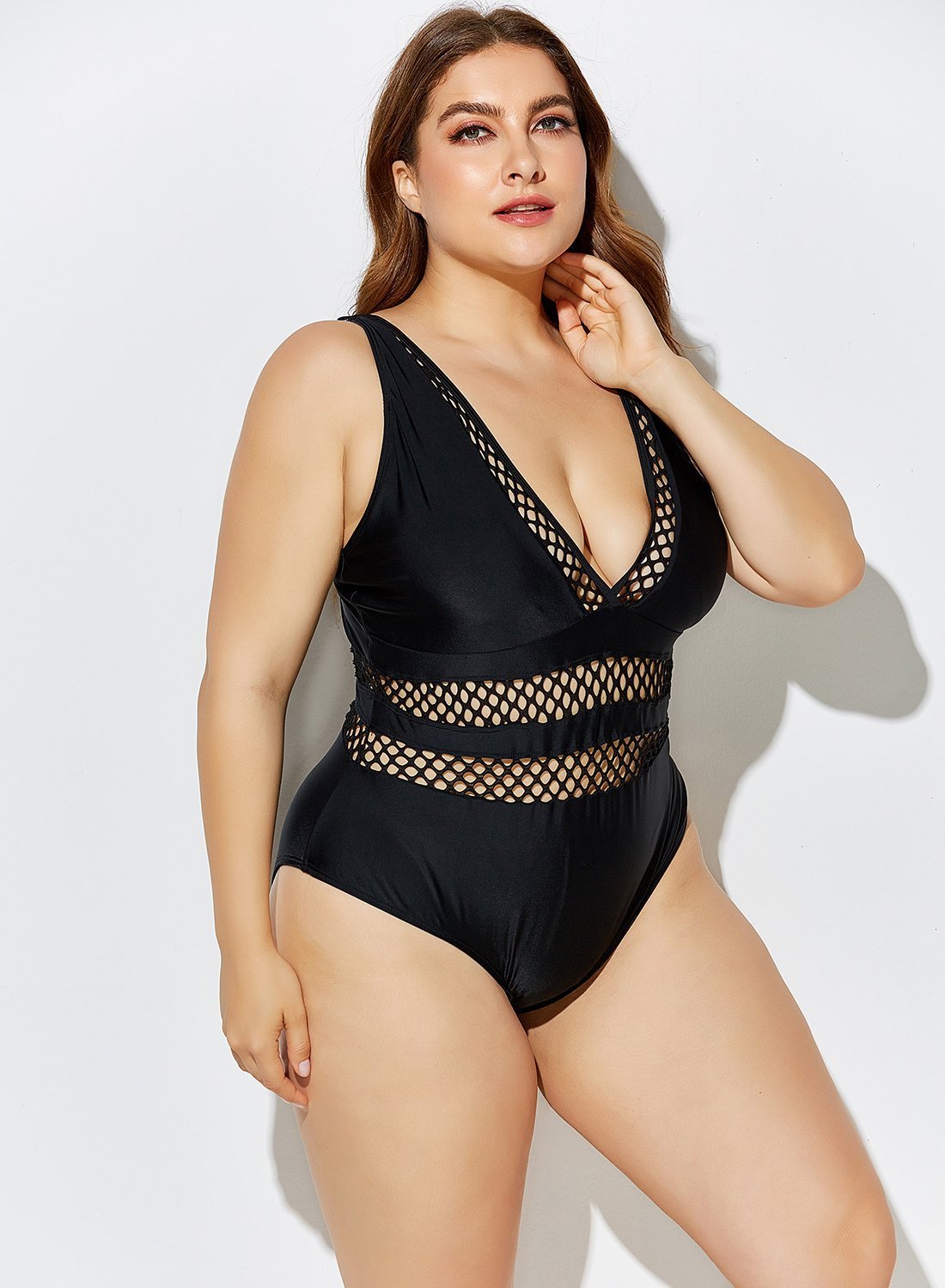 Black Lattice Plunge One Piece Swimsuit 8641