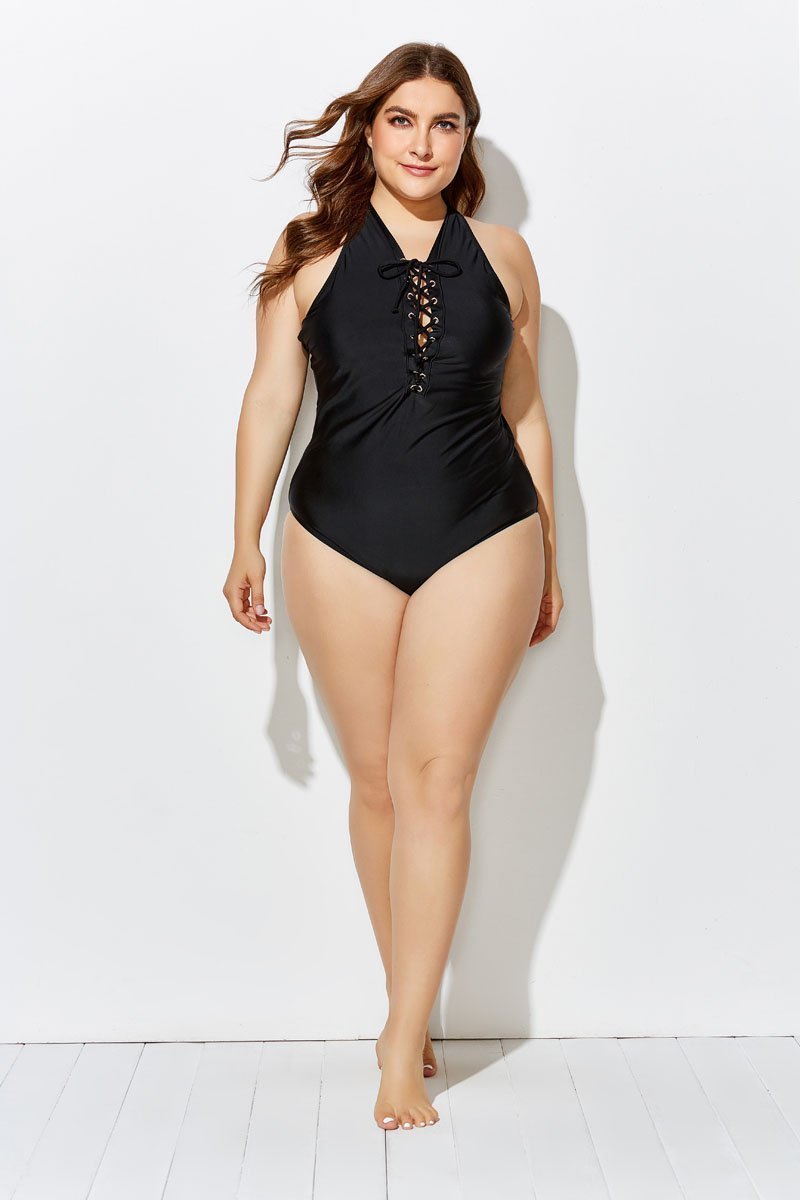 ceo black lace up one piece swimsuit