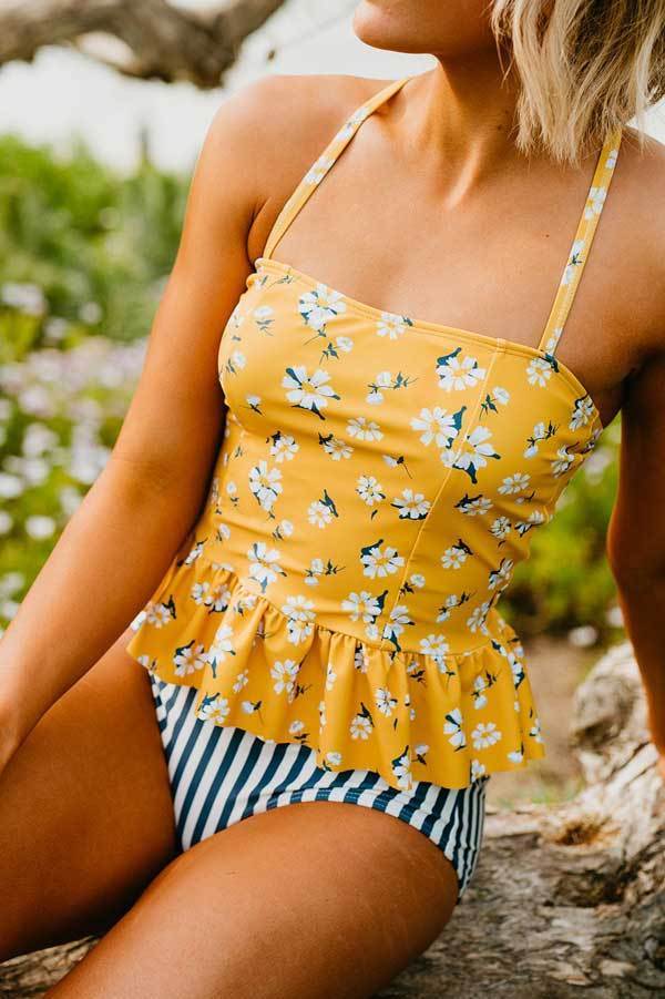 PEPLUM TANKINI TOP IN MUSTARD DAISY