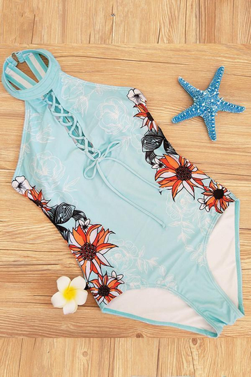Printed Lace Up One Piece Swimsuit