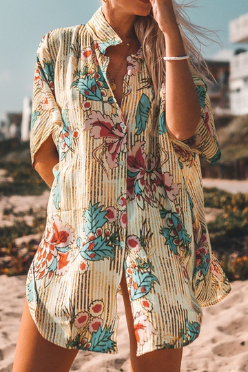 STRIPE AND FLORAL PRINT LOOSE FIT SHIRT COVER UP