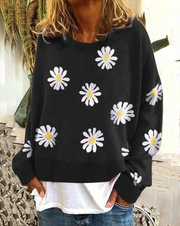 Sweet Daisy Pattern Round Neck Casual Sweater