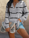 Striped Printed V-neck Buttoned Long-sleeved T-shirt