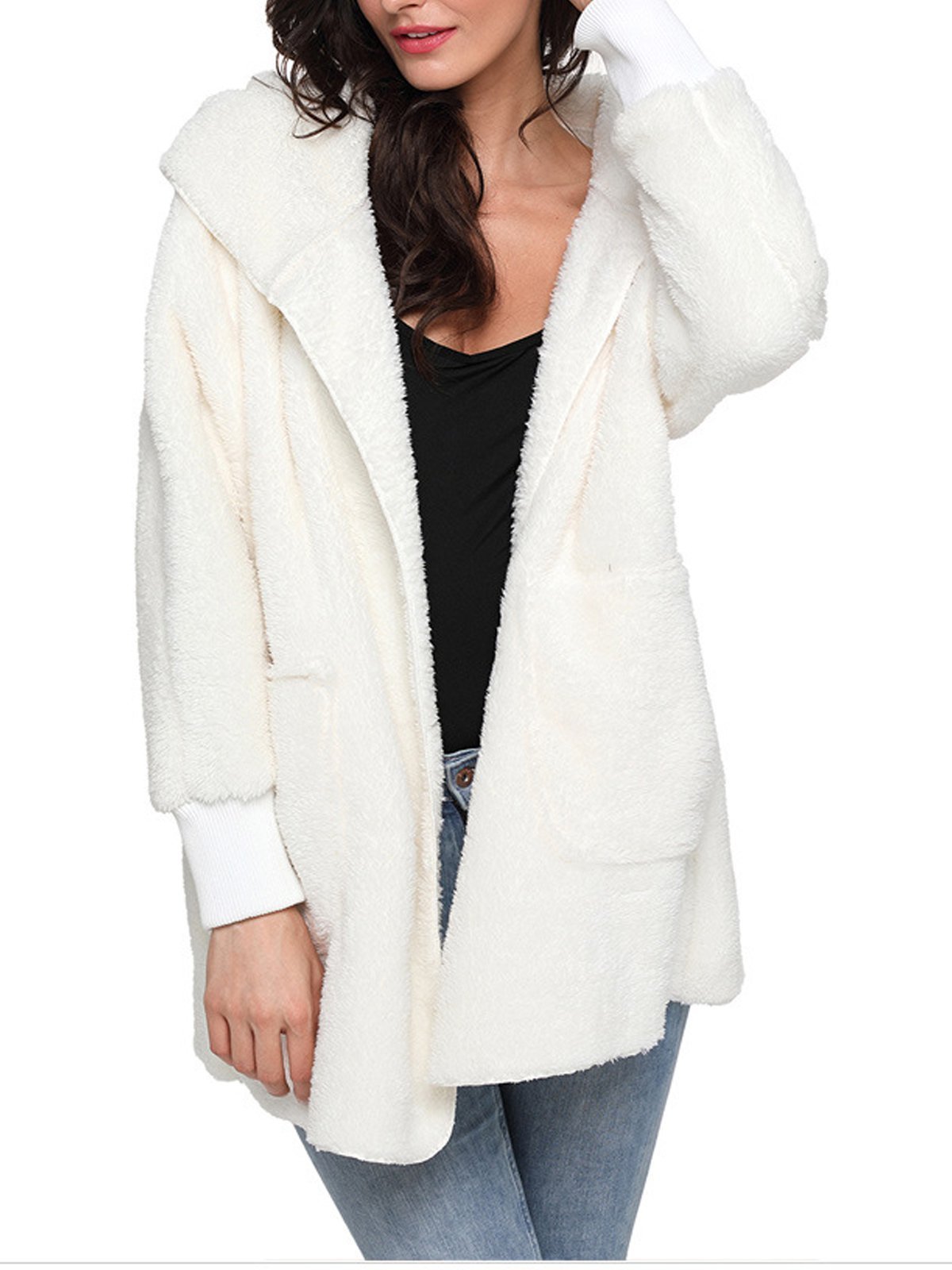 Multicolor Hoodie Solid Wool Pocket Loose Women Coat