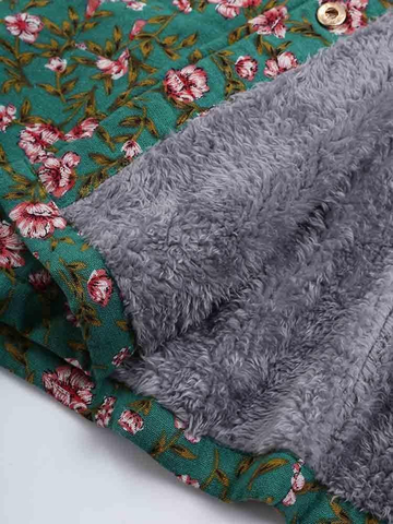 Floral Printed Hooded Long Sleeve Fleece Coat