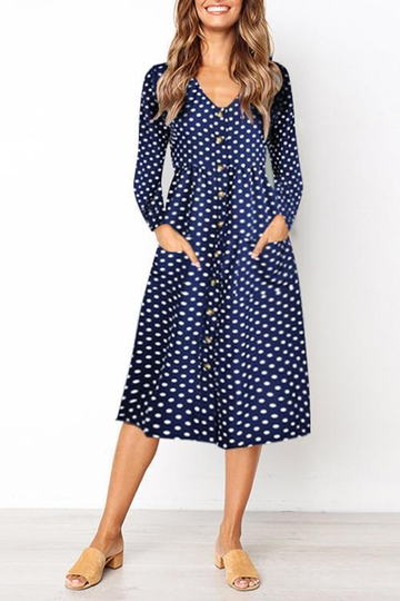 Dots Printed Buttons Design Mid Calf  Dress