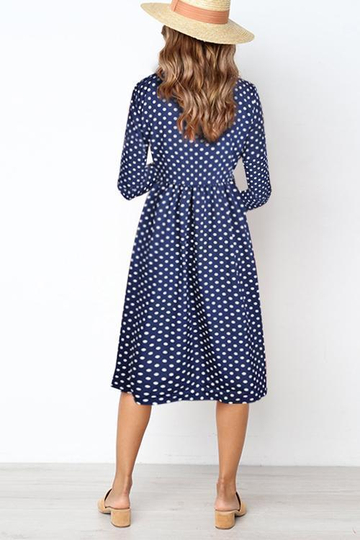 Dots Printed Buttons Design Mid Calf  Dress