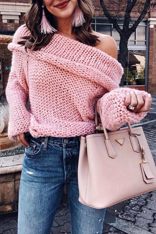 Dew Shoulder Knitted Solid Sweaters