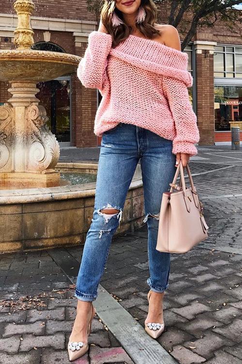 Dew Shoulder Knitted Solid Sweaters