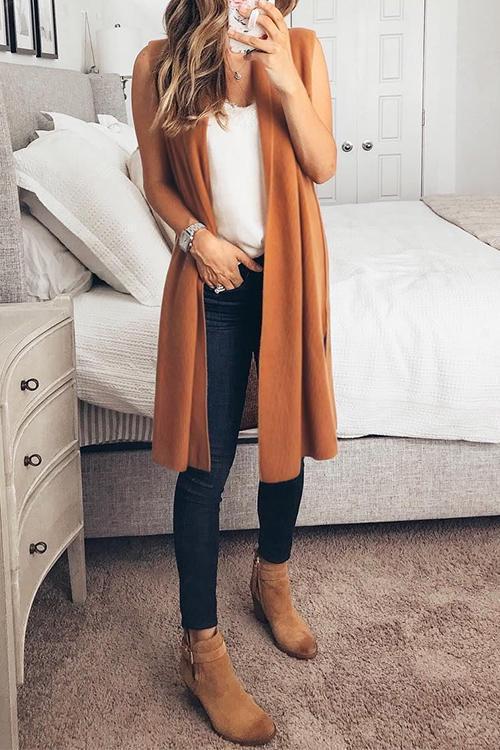 Casual Sleeveless Deep Grey Cardigan Sweaters