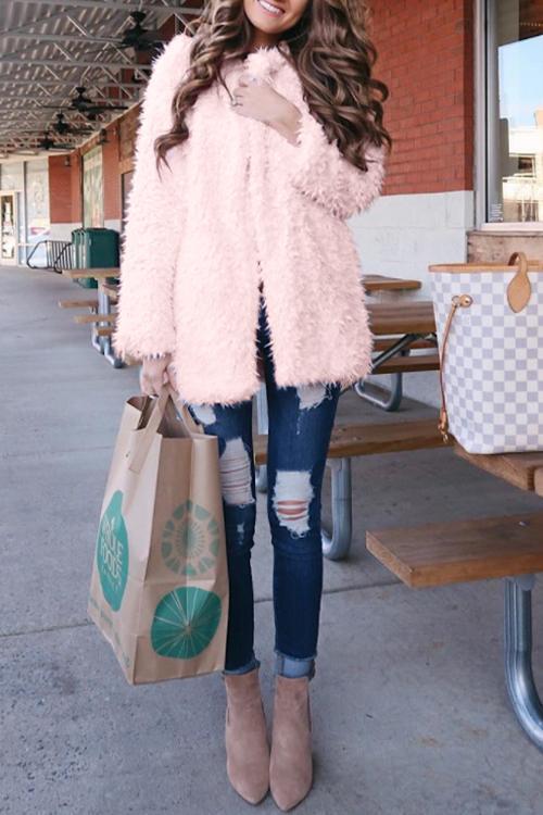 Sweet Pink Hooded Long Faux Fur Coat