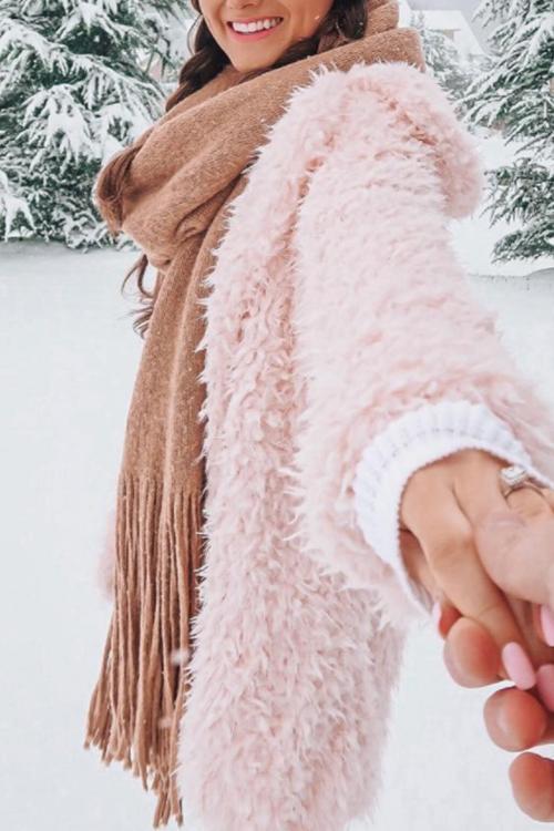 Sweet Pink Hooded Long Faux Fur Coat