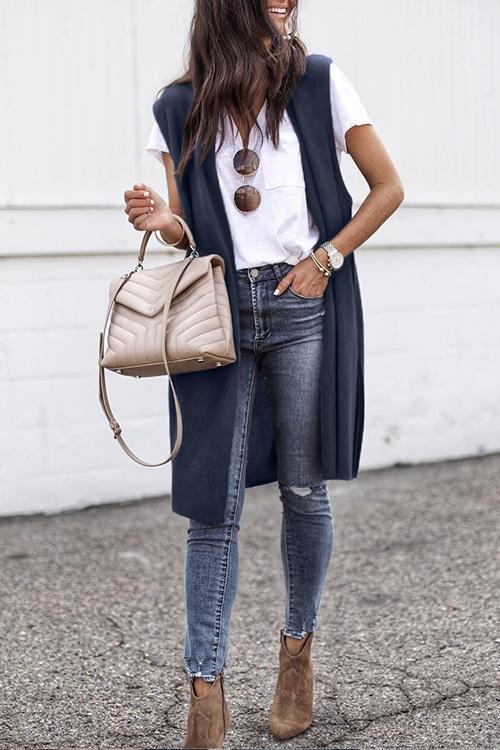 Casual Sleeveless Deep Grey Cardigan Sweaters