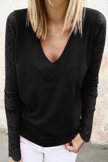 Deep V-Neck Patchwork Black T-shirt