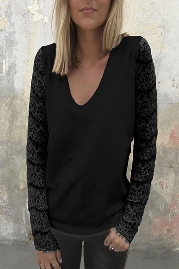 Deep V-Neck Patchwork Black T-shirt