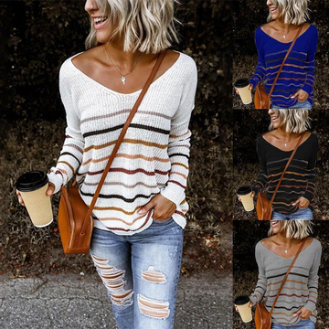 Women's Striped V-Neck Buttoned Sweater