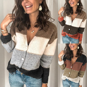 Women's Color-Block V-Neck Buttoned Sweater Cardigans