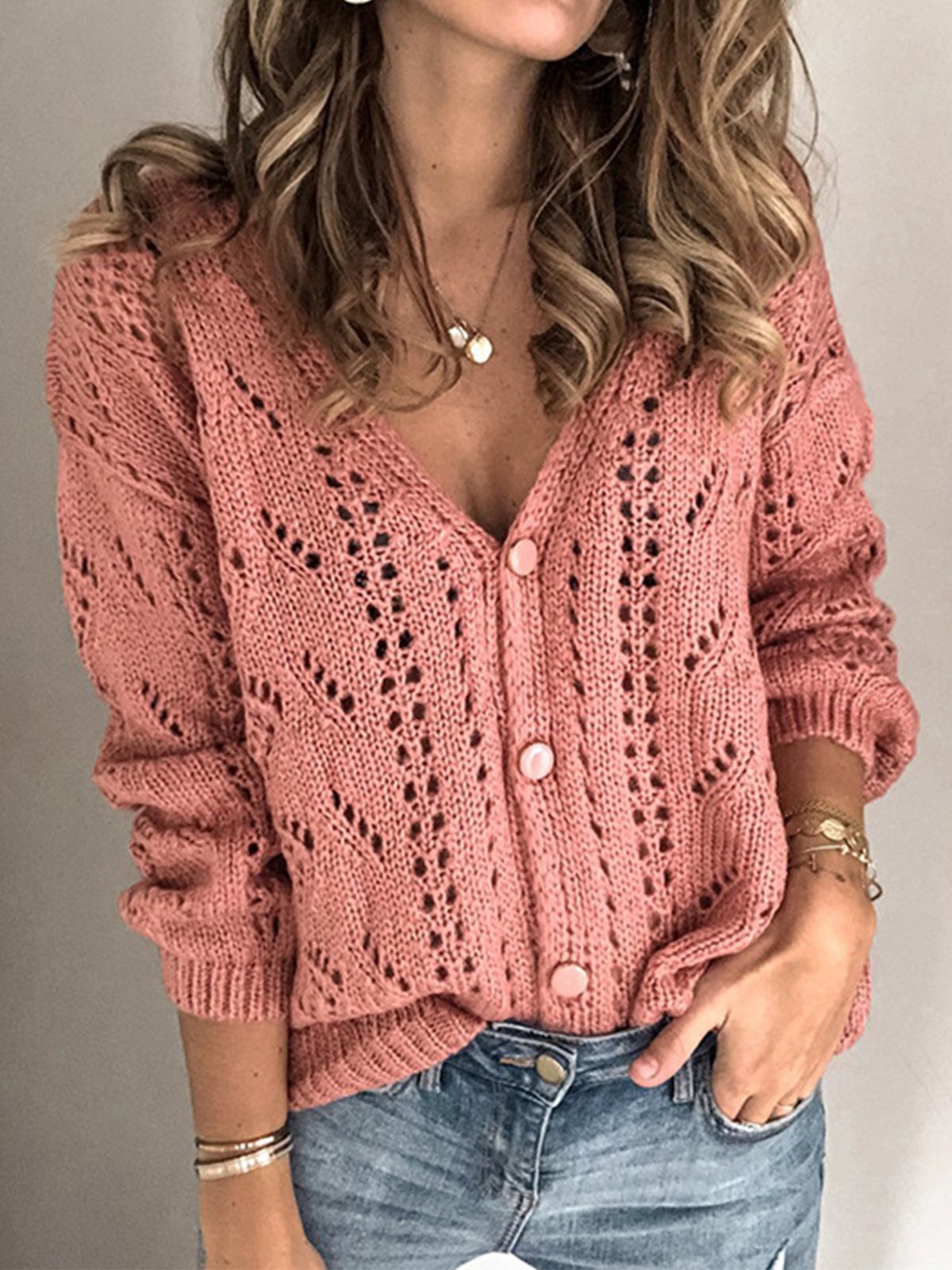 Women's Hollow-out V-Neck Buttoned Sweater Cardigans