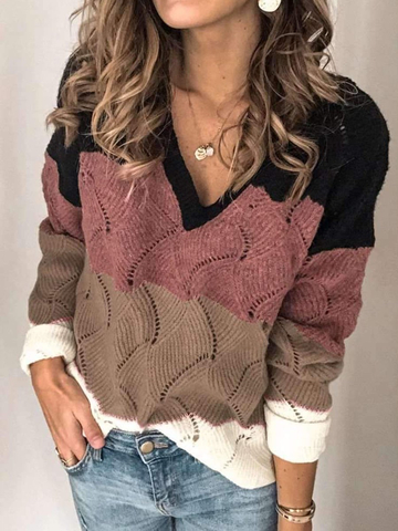 Women'S Loose  V Neck Hollow Out Long Sleeve Sweaters