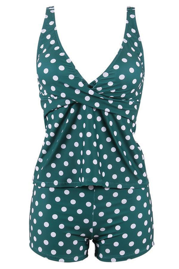 Green Polka Dot Print Slim Tankini Set