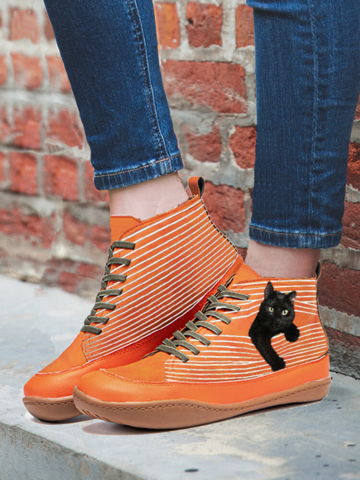 Black Cat Print Casual Lace Up Splicing Suede Flat Ankle Boots For Women