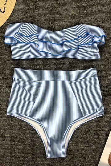 High-Waist Striped Ruffle Bikini Set