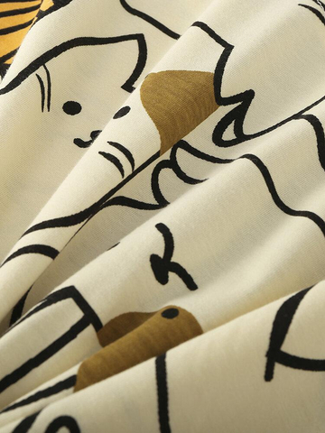 Women Cotton Allover Cute Cartoon Cat Print Cozy Lapel Collar Long Pajamas Sets